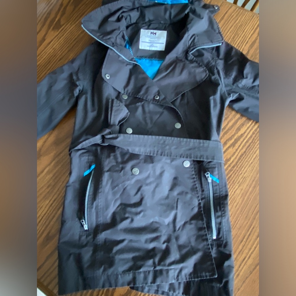 Helly Hanson double-breasted rain coat in dark gray in small